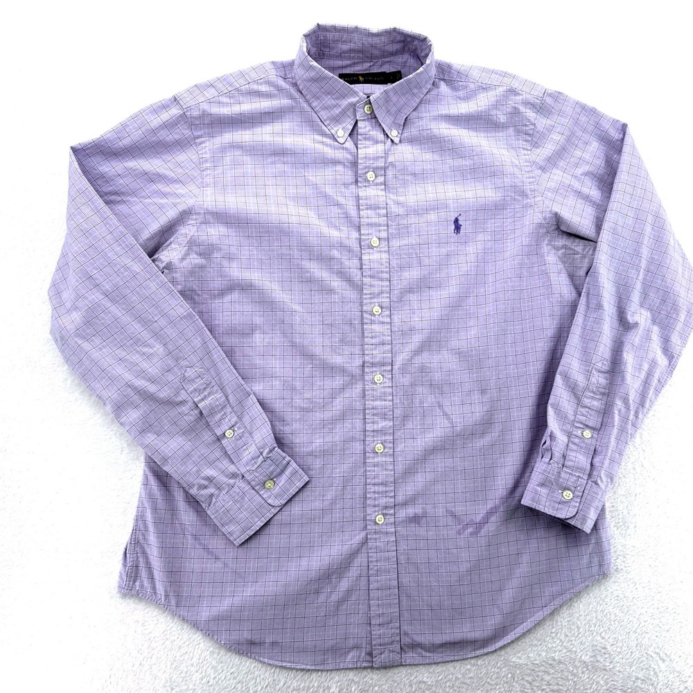 Ralph Lauren Mens Button Down Shirt Large‎ Purple Plaid Check Pony Logo Preppy